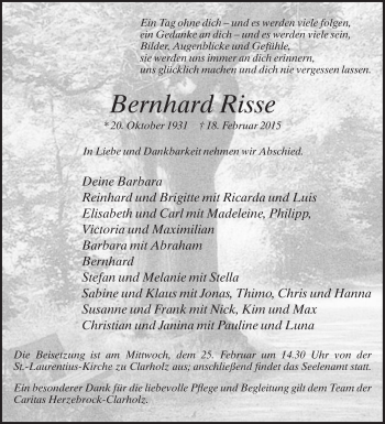 Traueranzeige von Bernhard Risse von Die Glocke