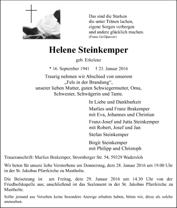 Traueranzeige von Helene Steinkemper von Die Glocke
