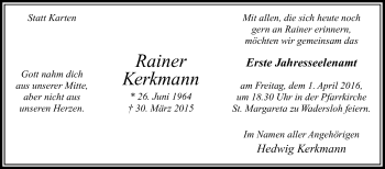 Traueranzeige von Rainer Kerkmann von Die Glocke