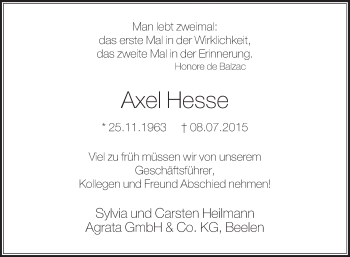 Traueranzeige von Axel Hesse von Die Glocke