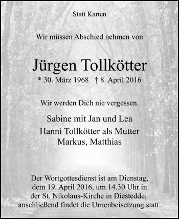 Traueranzeige von Jürgen Tollkötter von Die Glocke