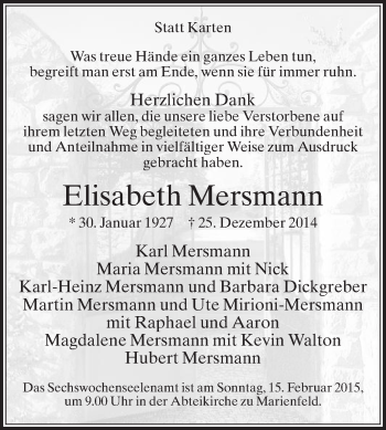 Traueranzeige von Elisabeth Mersmann von Die Glocke