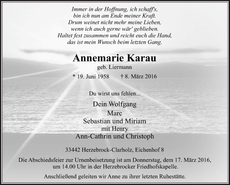  Traueranzeige für Annemarie Karau vom 12.03.2016 aus Die Glocke
