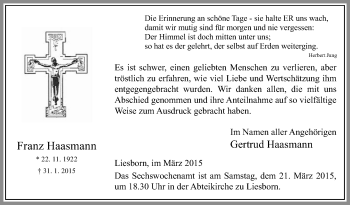 Traueranzeige von Franz Haasmann von Die Glocke