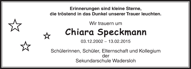  Traueranzeige für Chiara Speckmann vom 19.02.2015 aus Die Glocke