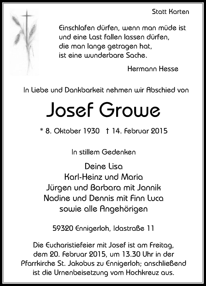  Traueranzeige für Josef Growe vom 18.02.2015 aus Die Glocke