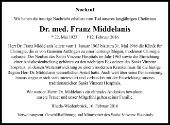 Traueranzeige von Franz Middelanis von Die Glocke