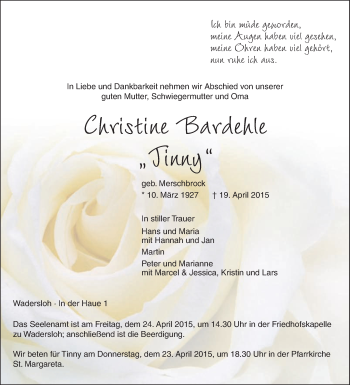 Traueranzeige von Christine Bardehle von Die Glocke