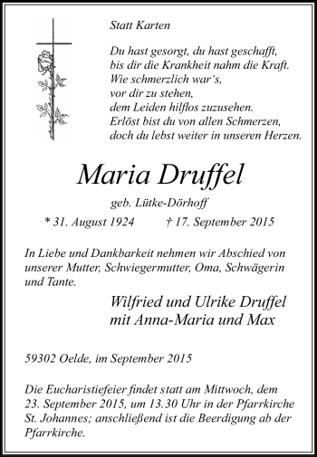 Traueranzeige von Maria Druffel von Die Glocke