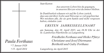 Traueranzeige von Paula Forthaus von Die Glocke