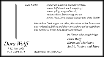 Traueranzeige von Dora Wolf von Die Glocke