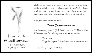 Traueranzeige von Heinrich Westkemper von Die Glocke