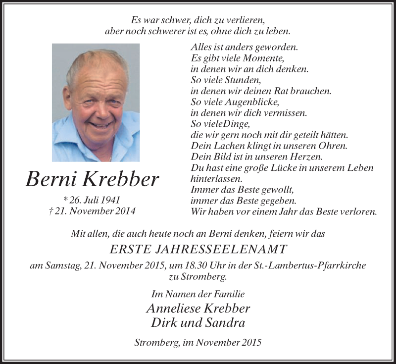  Traueranzeige für Berni Krebber vom 14.11.2015 aus Die Glocke