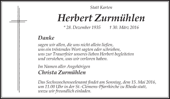 Traueranzeige von Herbert Zurmühlen von Die Glocke