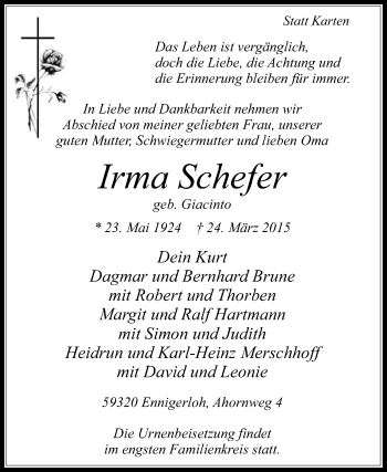 Traueranzeige von Irma Schefer von Die Glocke