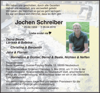 Traueranzeige von Jochen Schreiber von Die Glocke