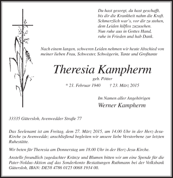 Traueranzeige von Theresia Kampherm von Die Glocke