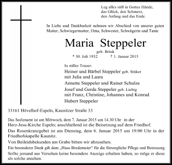 Traueranzeige von Maria Steppeler von Die Glocke