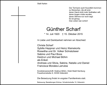 Traueranzeige von Günther Scharf von Die Glocke