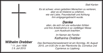 Traueranzeige von Wilhelm Drebber von Die Glocke