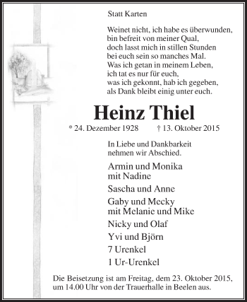 Traueranzeige von Heinz Thiel von Die Glocke