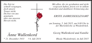Traueranzeige von Änne Wullenkord von Die Glocke