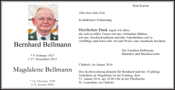 Traueranzeige von Bernhard und Magdalene Bellmann von Die Glocke