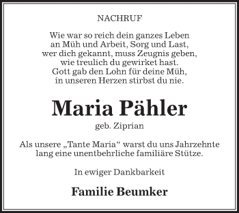Traueranzeige von Maria Pähler von Die Glocke