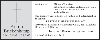 Traueranzeige von Anton Brickenkamp von Die Glocke