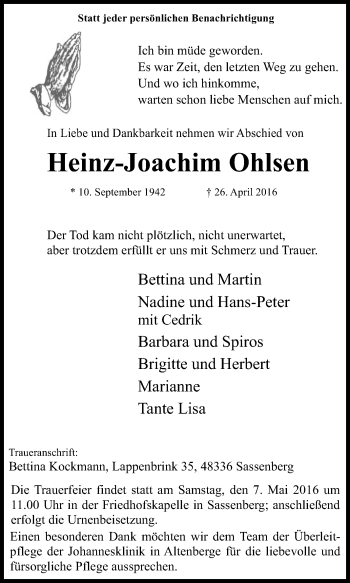 Traueranzeige von Heinz-Joachim Ohlsen von Die Glocke