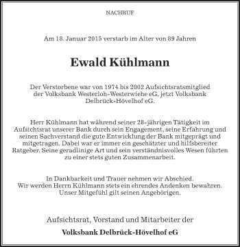 Traueranzeige von Ewald Kühlmann von Die Glocke