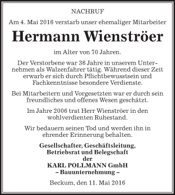 Traueranzeige von Hermann Wienströer von Die Glocke