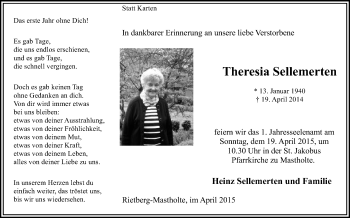 Traueranzeige von Theresia Sellemerten von Die Glocke
