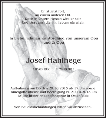 Traueranzeige von Josef Hahlhege von Die Glocke