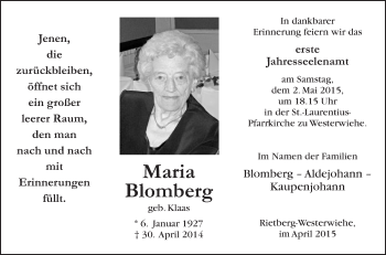 Traueranzeige von Maria Blomberg von Die Glocke