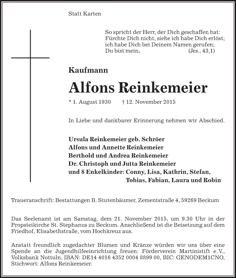  Traueranzeige für Alfons Reinkemeier vom 17.11.2015 aus Die Glocke