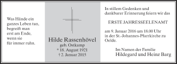 Traueranzeige von Hilde Rassenhövel von Die Glocke