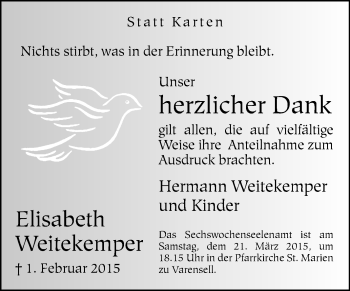 Traueranzeige von Elisabeth Weitekemper von Die Glocke