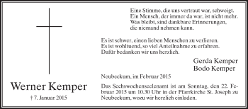 Traueranzeige von Werner Kemper von Die Glocke