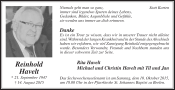 Traueranzeige von Reinhold Havelt von Die Glocke