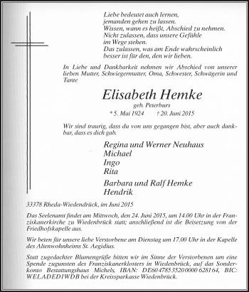 Traueranzeige von Elisabeth Hemke von Die Glocke