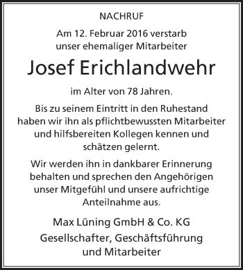 Traueranzeige von Josef Erichlandwehr von Die Glocke