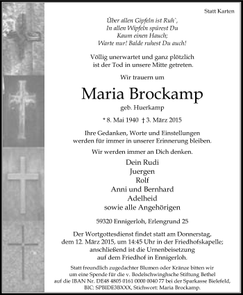 Traueranzeige von Maria Brockamp von Die Glocke