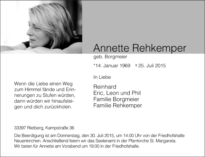  Traueranzeige für Annette Rehkemper vom 27.07.2015 aus Die Glocke