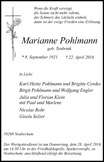 Traueranzeige von Marianne Pohlmann von Die Glocke