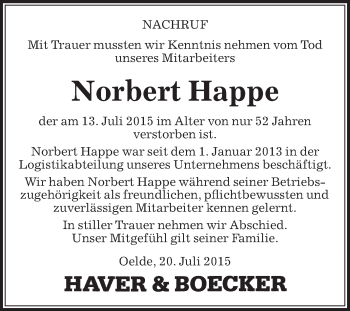 Traueranzeige von Norbert Happe von Die Glocke