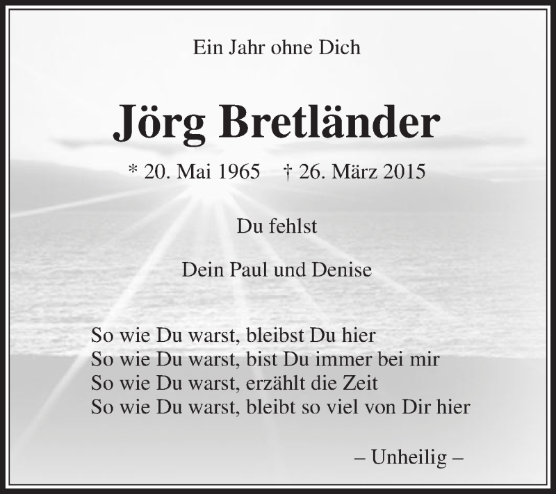  Traueranzeige für Jörg Bretländer vom 25.03.2016 aus Die Glocke