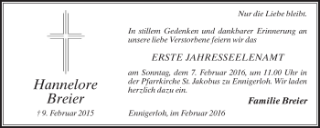 Traueranzeige von Hannelore Breier von Die Glocke