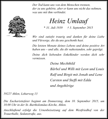 Traueranzeige von Heinz Umlauf von Die Glocke