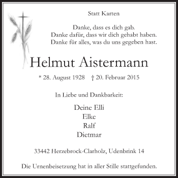 Traueranzeige von Helmut Aistermann von Die Glocke
